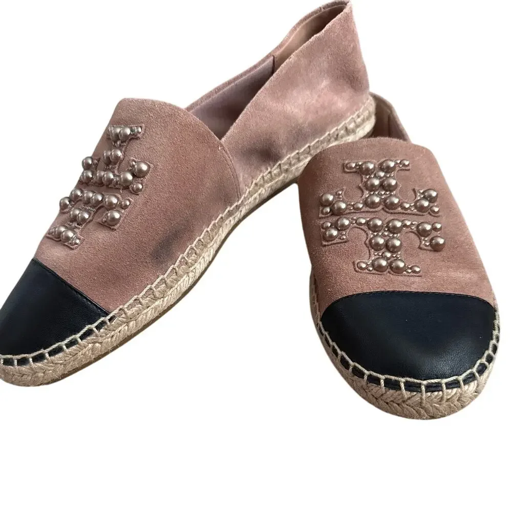 Tory Burch Pearl Logo Espadrille Flats Sensory  Suede Meadowsweet Size 10.5